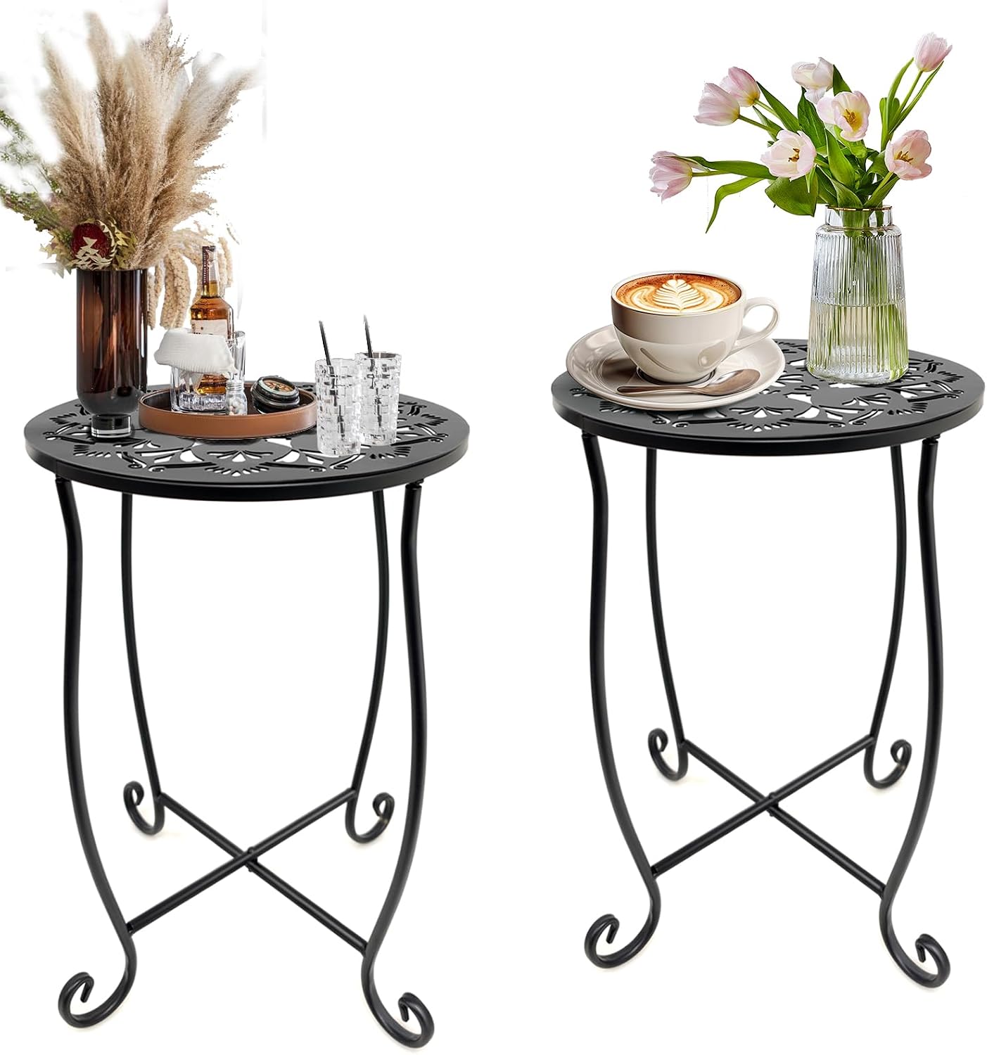 Fashion&cool Outdoor Side Tables for Small Space, 2 Pack Patio Side Table, Weather Resistant Metal Small Round Outdoor Side Table for Patio Yard Porch Balcony Garden Bedside, Plant Stand