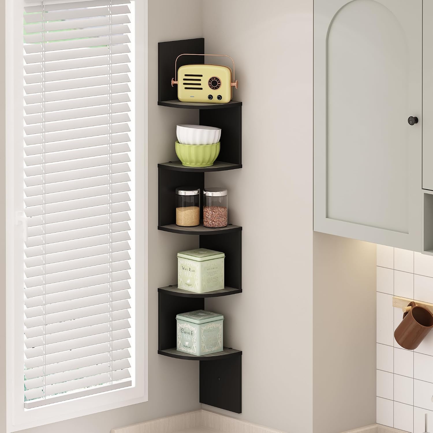Furinno Rossi 5-Tier Grey Floating Corner Shelf for Wall, Corner Zigzag Shelf Wall Mounted, Radial Wall Mount Shelves, for Home Office, Living Room, Bedroom, Bathroom, Grey Oak