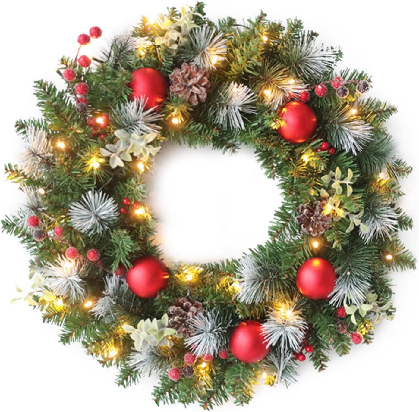 Ochine 16 Inch Pre-Lit Artificial Christmas Wreath, Lighted Christmas Wreaths for Front Door, Indoor Outdoor Xmas Wreath Winter Wreath for Christmas Decorations Holiday Party Home Decor