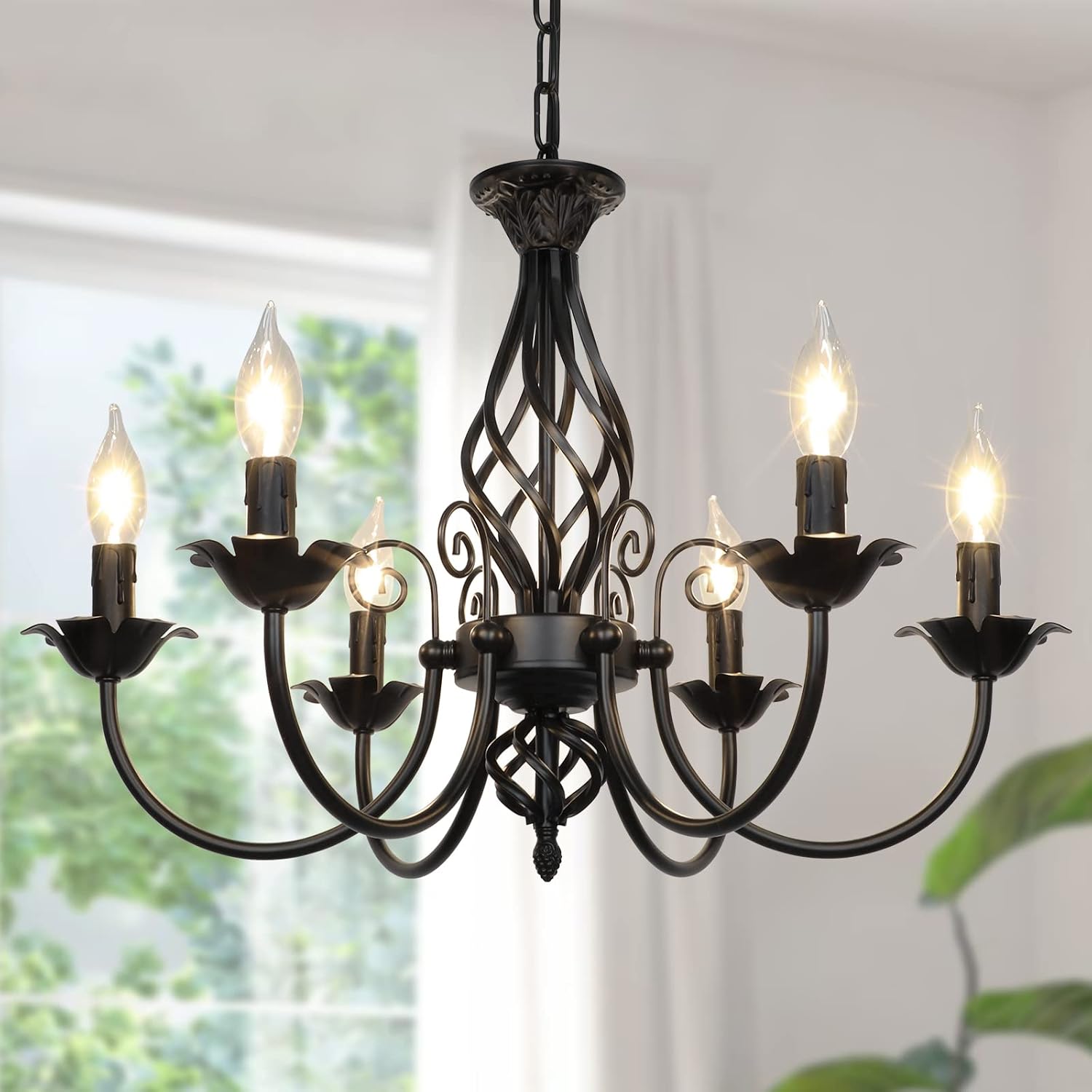 VerRon 22″ Matte Black 6-Light Farmhouse Candle Chandelier for Dining Room | Rustic Industrial Pendant Ceiling Light Fixture, Vintage Hanging Lamp for Living Room Hallway Kitchen Foyer, E12 Socket