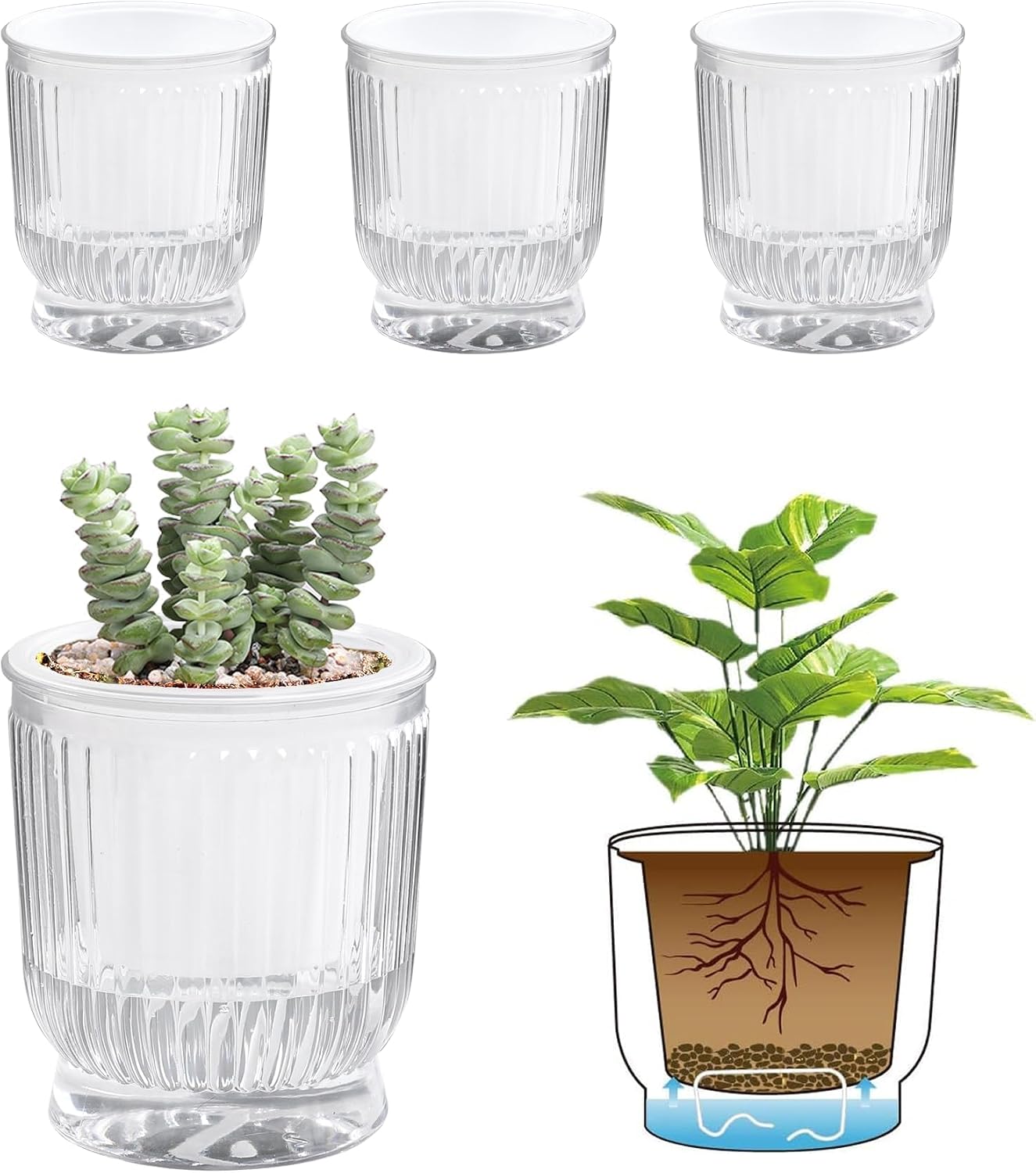 T4U Self Watering Pots for Indoor Plants 4 Inch 4 Pack Planter Clear | Visible water level indicator, African violet succulent herbs, Small desk windowsill, Easy care