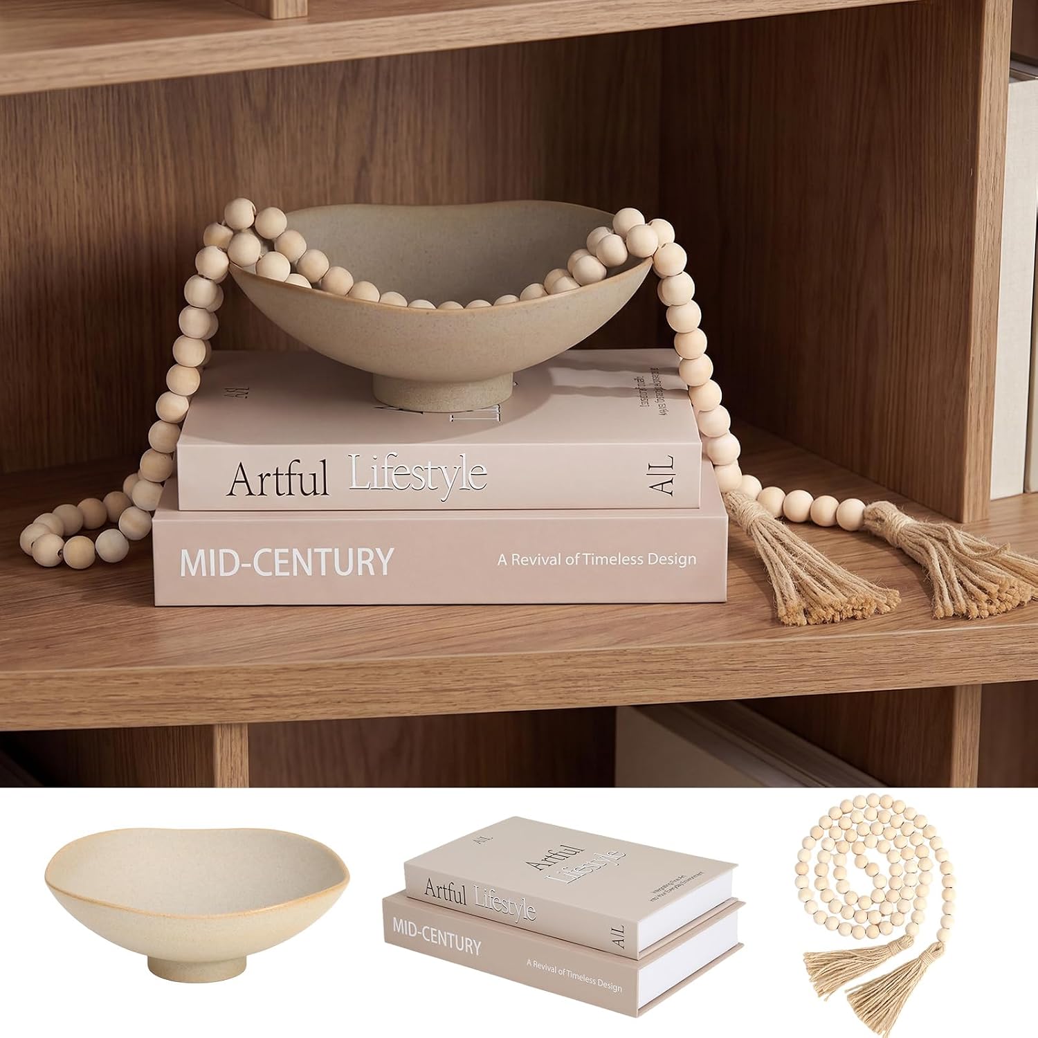 Mumufy 4 Pcs Farmhouse Decor Set with Decorative Books with Storage, Decorative Bowl Centerpiece, Wooden Bead Garland for Rustic Coffee Table Decor Entryway Shelf Styling Decoration Set