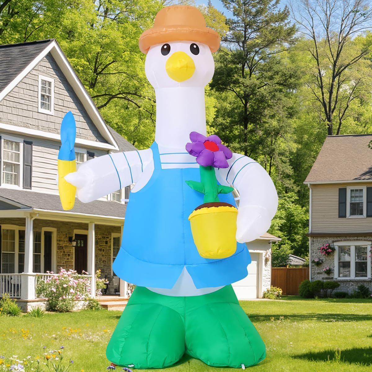 COMIN 5FT Summer Inflatables Gardener Duck Yard Decor with LEDs | Built-in LEDs and gardener duck flower pot design for Summer lawn, garden, porch and party displays.