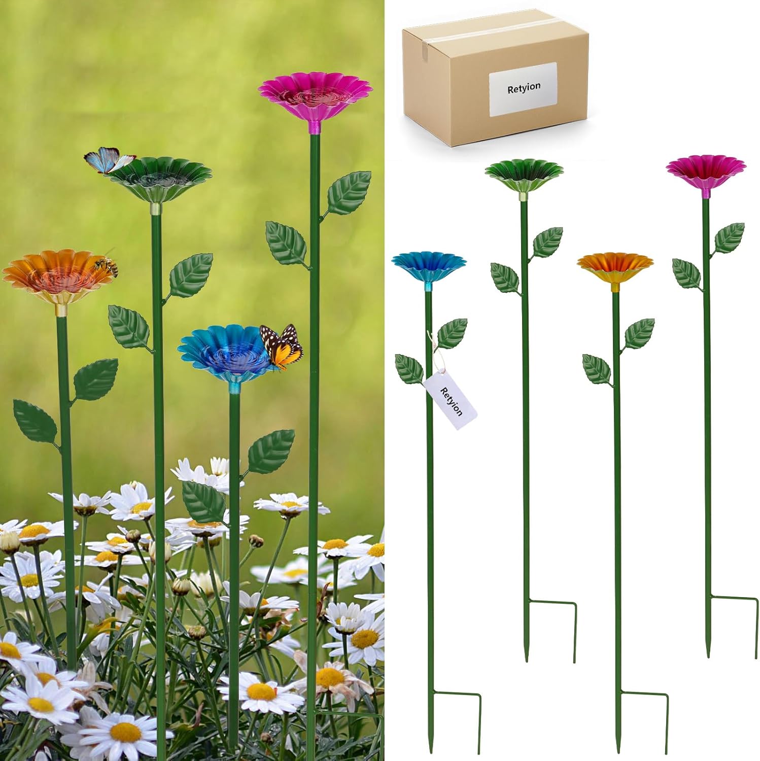 4 Pack Bee Watering Station, Bee Bath for Garden Outdoor Yard Decor | Metal Bee Water Feeder with Flower Design, Colorful Butterfly Bee Bath Bowl for Garden (Red,Green,Blue,Yellow)
