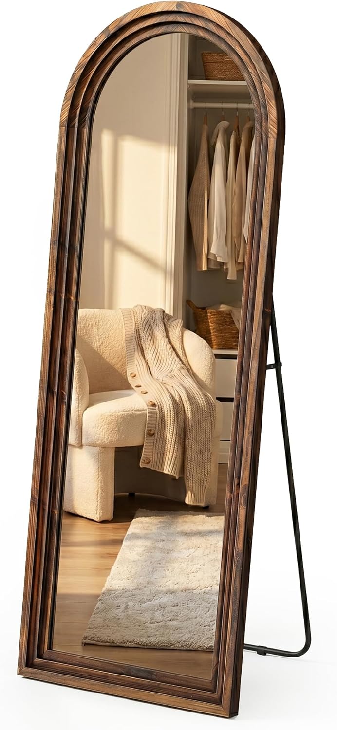 Walnut 63×21 Arched Full Length Mirror with Stand, Solid Wood Frame | Graceful triple-layer craftsmanship adds rustic, farmhouse and transitional character to bedrooms, closets and dressing areas