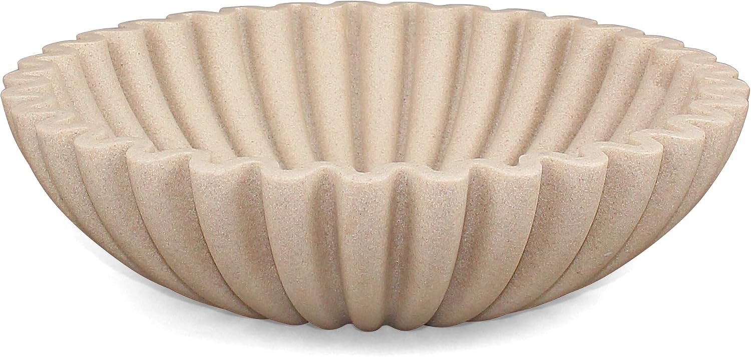 LIN CHUAN Ruffle Decorative Bowl, Large Fruit Bowl, Artificial Stone Beige | Sculptural ruffle design enhances kitchen counters, entryways, and tables. Durable resin finish for fruit, keys, and decor