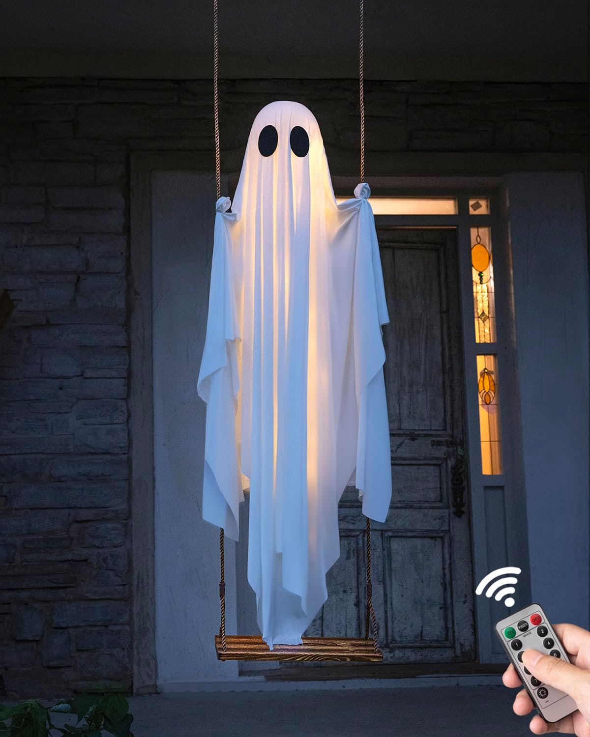 Halloween Decorations Outdoor – 5 FT Large Hanging Swing Ghost Halloween Decor with String Lights, Spooky Cute Ghosts Decorations for Front Porch Yard Tree