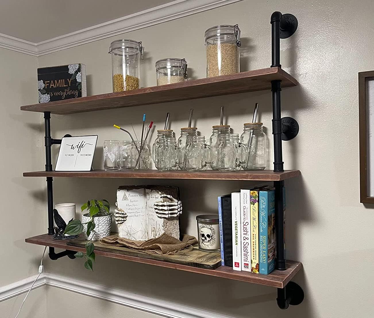 HDDFER Industrial Pipe Floating Shelves, 48 Inch Rustic Wood Wall Shelf | Real Pine wood shelves with metal pipe brackets, farmhouse wall storage for kitchen, bar,living room and home decor
