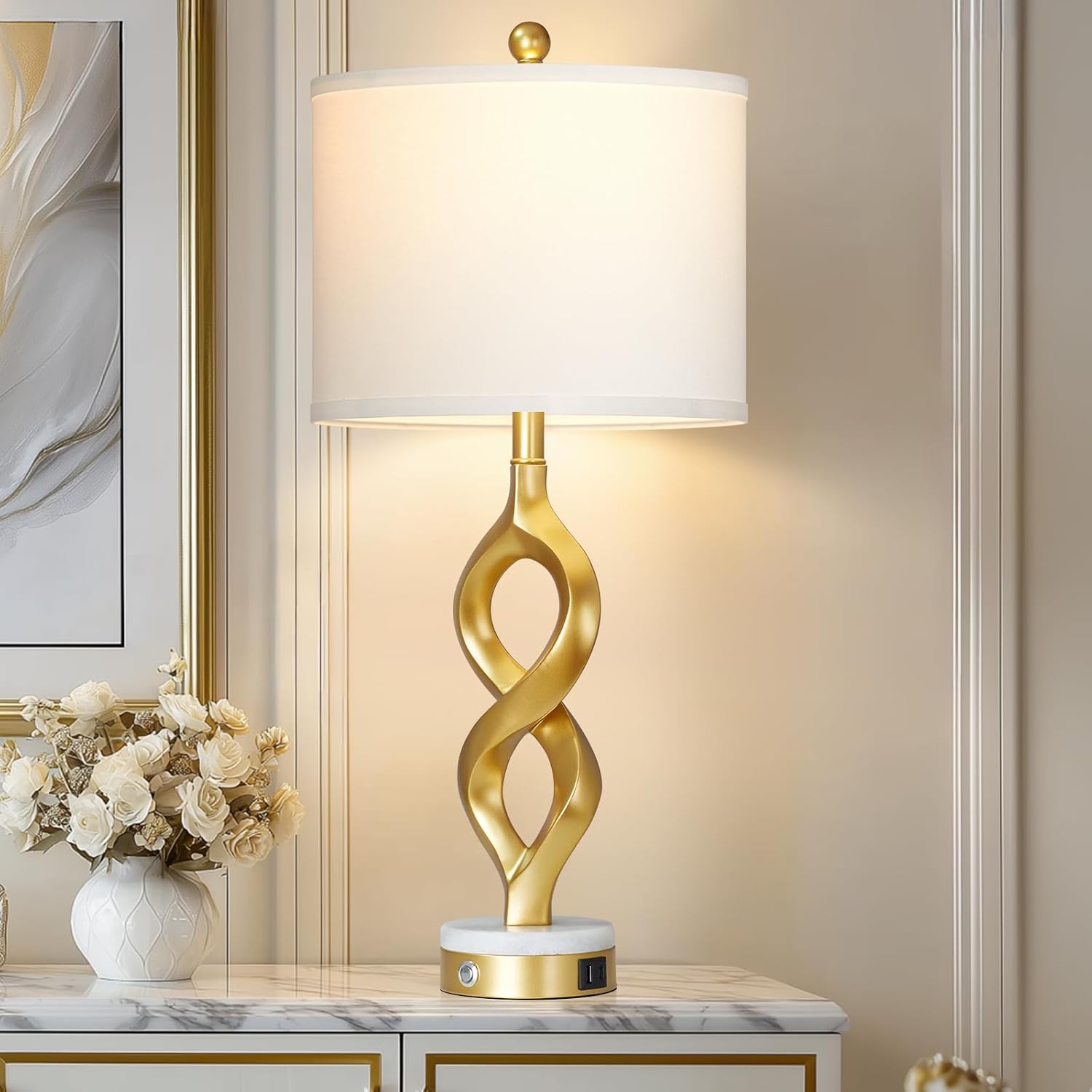 Cinyirong 30″ White and Gold Table Lamp for Living Room, Modern Touch Control Bedside Lamp for Bedroom, 3-Way Dimmable Sculptural Resin Nightstand Lamp with USB A+C Ports and 1 LED Bulb (1 Pack)