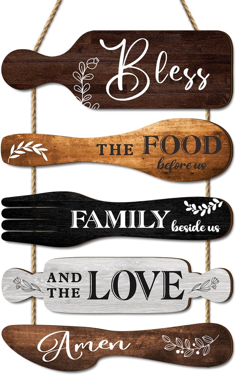 Dazzlewall 5Pcs Kitchen Wall Decor, Bless the Food Cookware Shaped Hanging Signs for Farmhouse Kitchen Rustic Wooden Plaques for Country Dinning Room