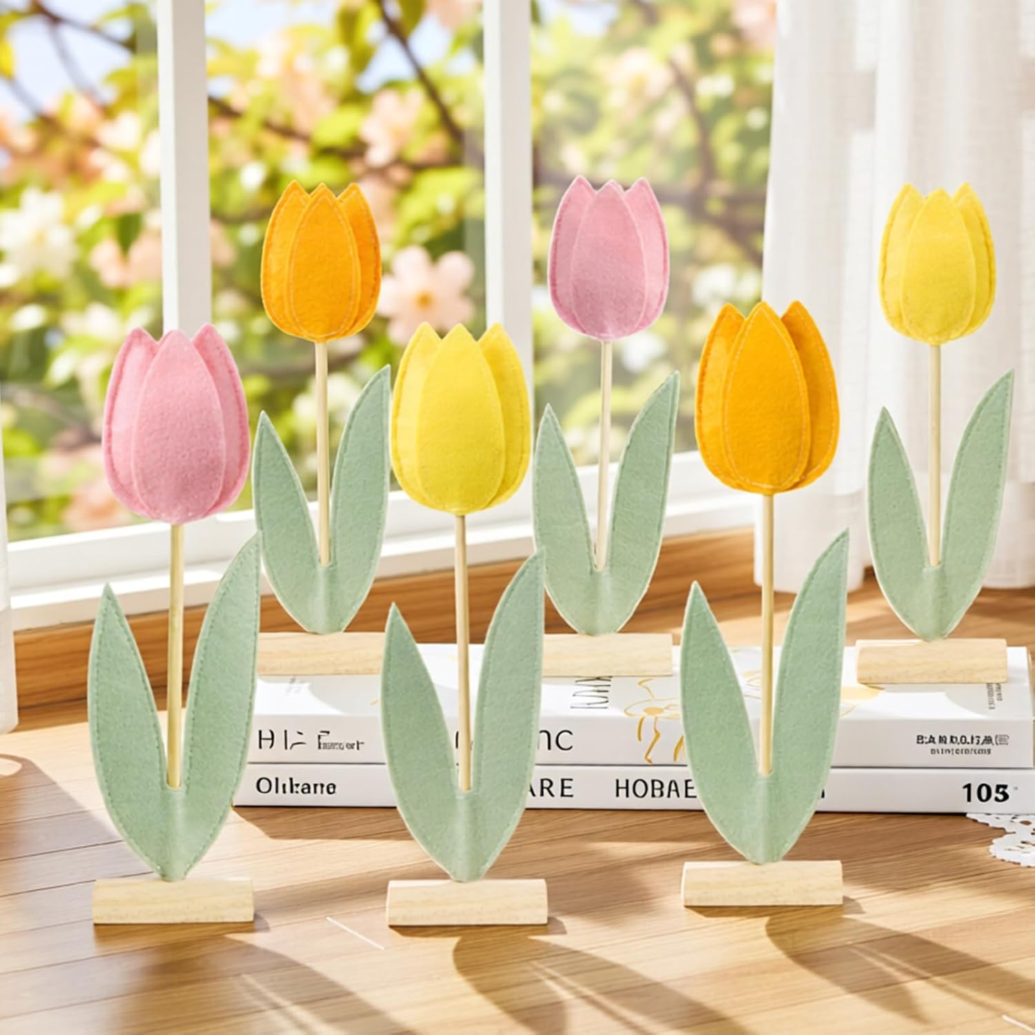 SUNBEAUTY 6Pcs Spring Tulips Flower Table Decoration Tulip Felt Centerpiece Pink Yellow Orange Tulips Mothers Day Table Decorations Tabletop Signs for Easter Garden Home Party Mothers Day Decor