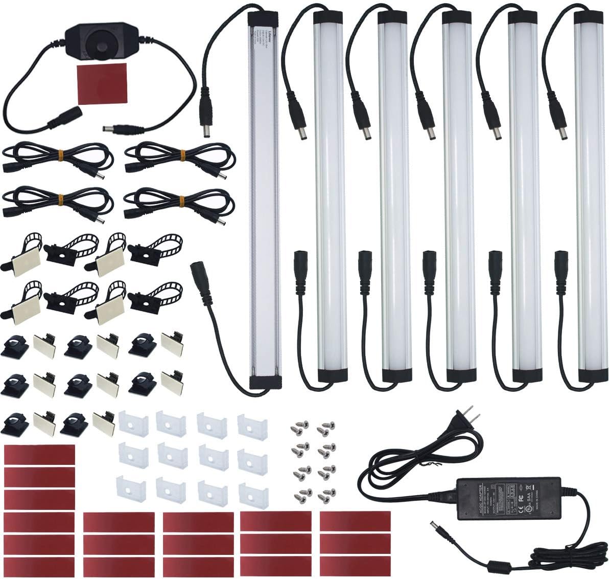 Under Cabinet LED Lighting Kit Plug in or Hardwired, 6 pcs 12 Inches Light Strips, 2000 Lumen, Super Bright, for Kitchen Counter, Closet, Shelf Lights, 31W, Warm White (6 Bars)