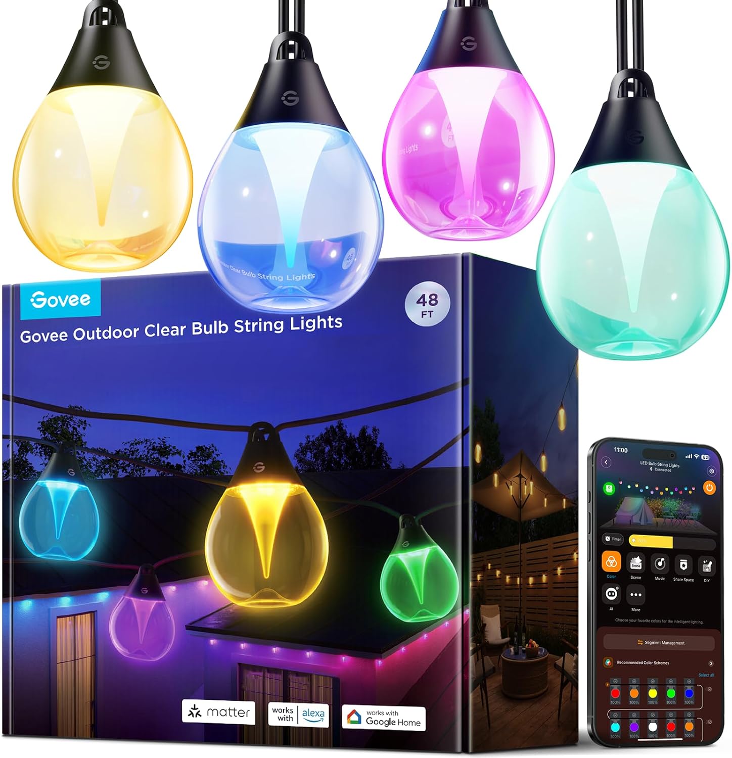 Govee Clear Bulb Outdoor String Lights, 48ft IP67 Patio & Backyard Lights | 15 RGBWIC Dimmable LED Bulbs, 111 Modes, Music Sync, IP67 Waterproof & Shatterproof, Work with Alexa, Google & Matter