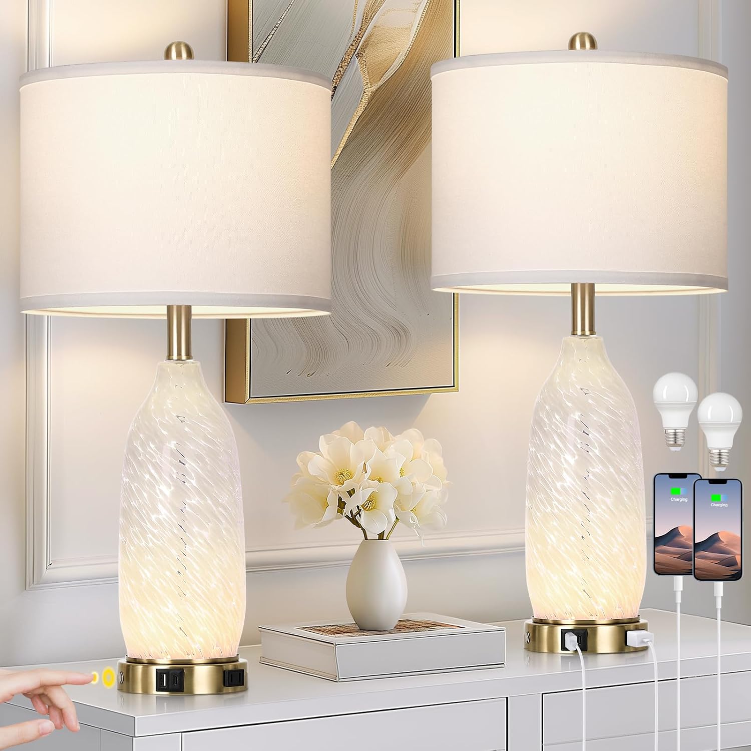 Rinweey 26″ Modern Clear Glass Table Lamps Set of 2,Nightstand Lamp with USB A+C Ports & AC Outlet,Bedside Lamps with 3-Way Dimmable Touch Control Night Light for Bedroom Living Room(Bulbs Included)