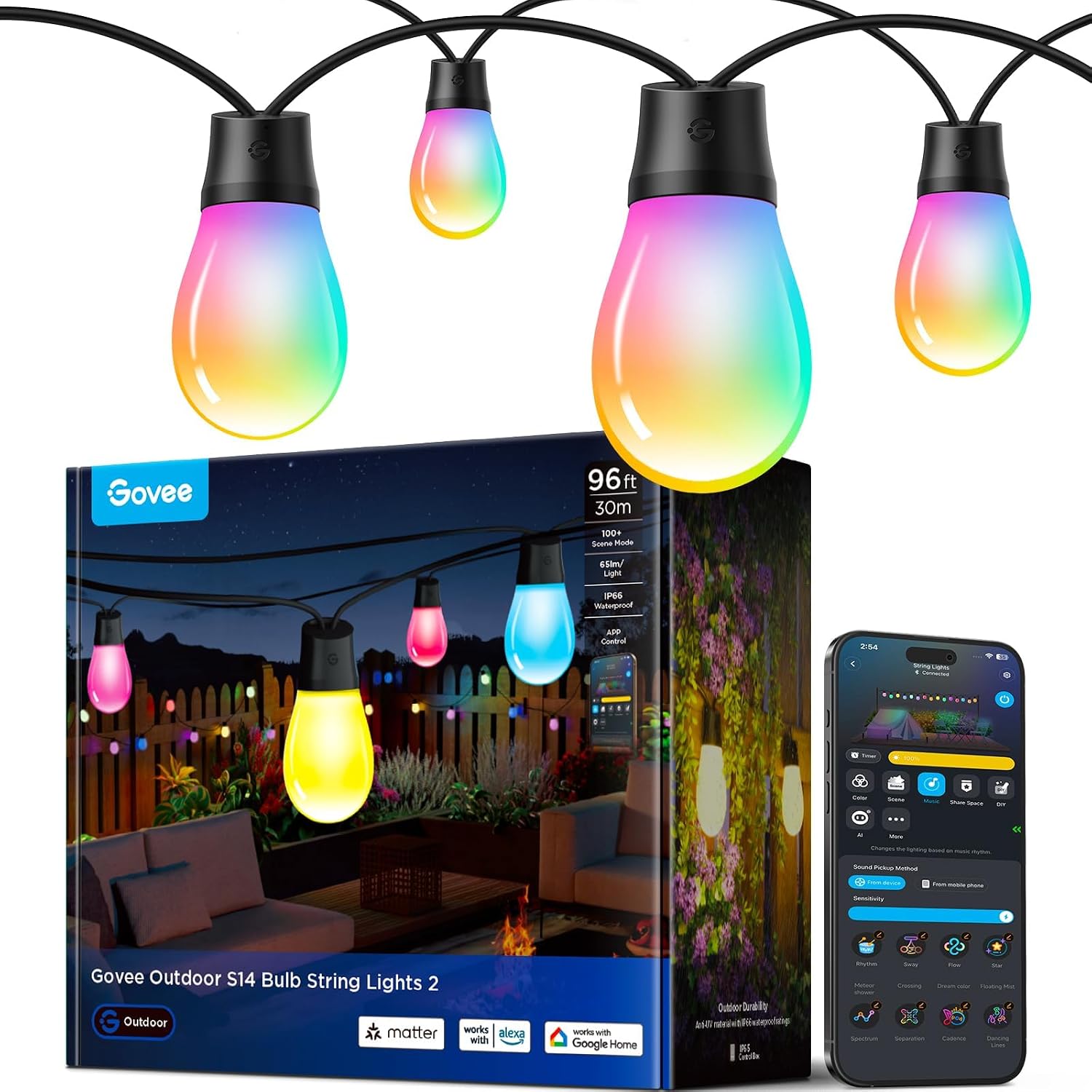 Govee S14 Bulb Outdoor String Lights 2, 96ft RGBICWW, 30 LED Bulbs, IP66 | Patio Lights with 111 Scene Modes for Patio, Backyard, Garden, Compatible with Alexa, Google, Matter, APP Control