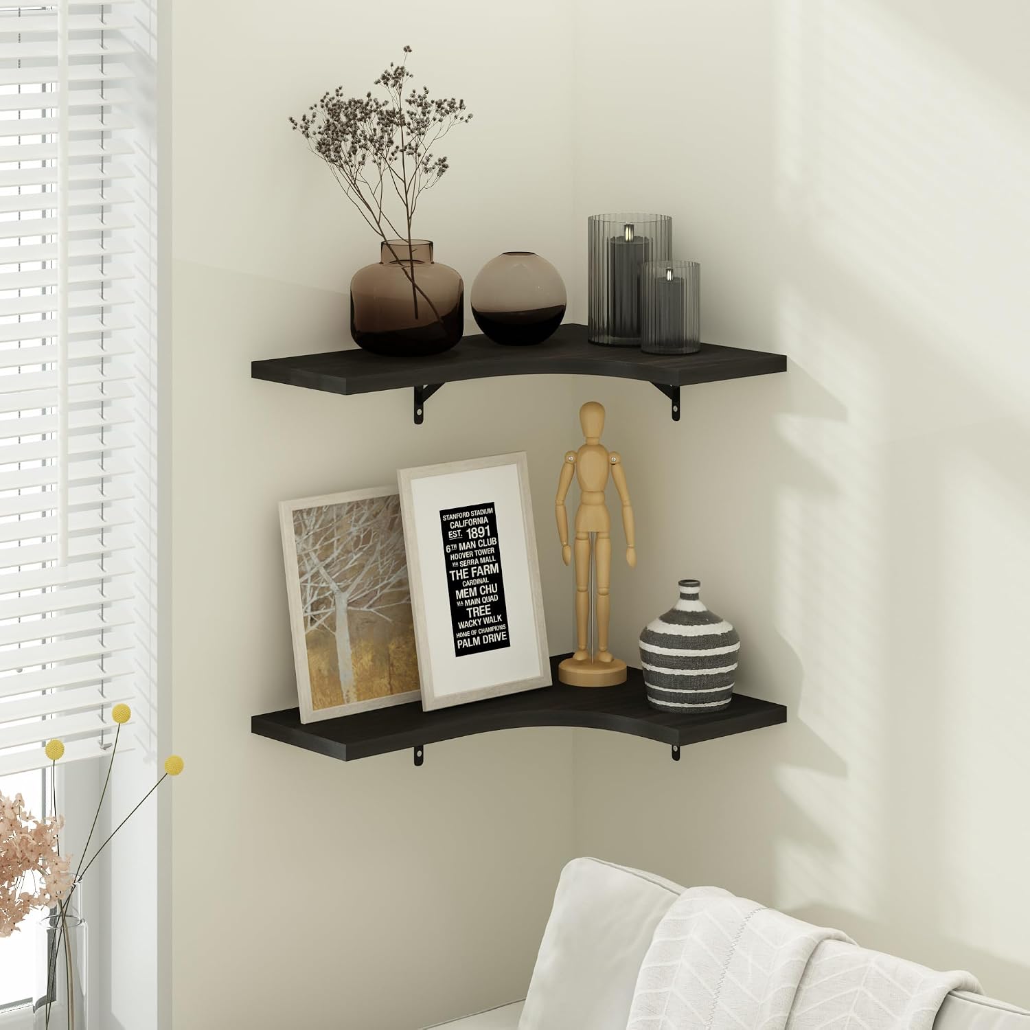 Furinno Rossi Floating Shelves for Wall Set of 2, L-Shaped Corner Wall Shelf, Corner Floating Shelf, Wall Mounted Shelves, for Bathroom, Bedroom, Living Room, Black Espresso