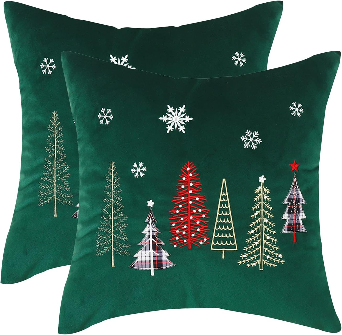 Christmas Throw Pillow Covers 18×18 Set of 2 Xmas Trees with Snowflake Embroidery Pillow Covers Christmas Dec Velvet Pillowcases Forest Green Cushion Pillow Cases Soft Square Holiday Pillowcase