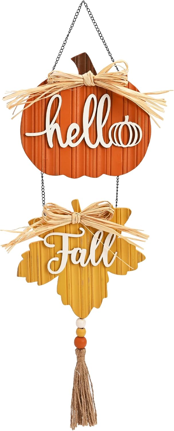Valery Madelyn Fall Decorations for Home, Fall Wall Decor with Pumpkin and Maple Leaf, Rustic Farmhouse Fall Wreaths, Wooden Pumpkin Decor for Thanksgiving Autumn, 15 inch