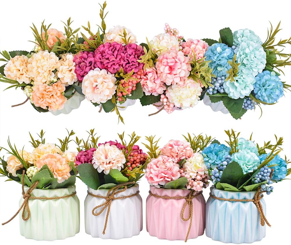 Artificial Flower Plants – Mini Fake Hydrangea Flowers in Pot for Home Decor Party Wedding Office Patio Table Desk Decoration, Set of 4, Size: 3.3”(Diameter) x 5.5”(Tall)