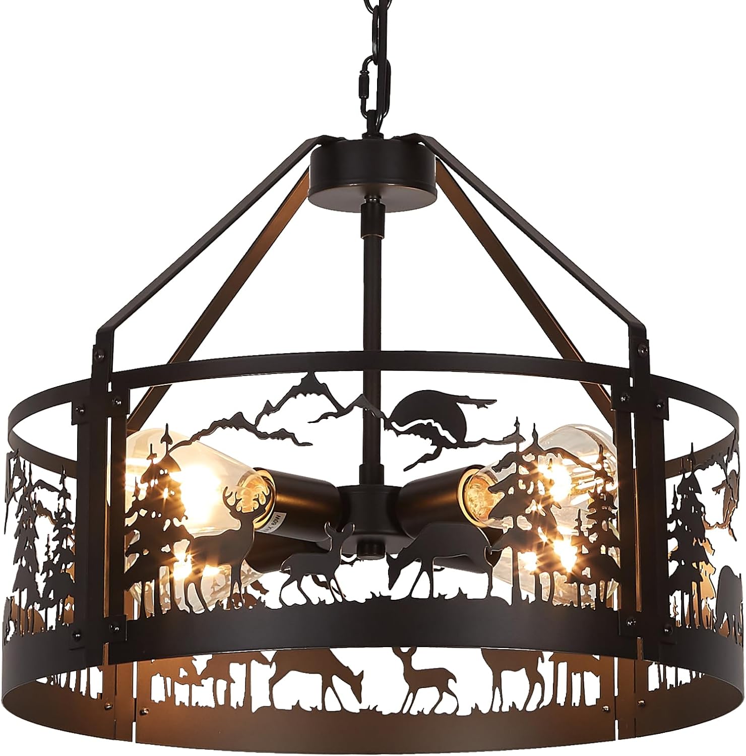 Rustic Farmhouse Chandelier with Bear and Deer Design, 4-Light Adjustable Ceiling Pendant Light Fixture for Dining Room, Kitchen, Cabin, Lodge, or Foyer Lighting