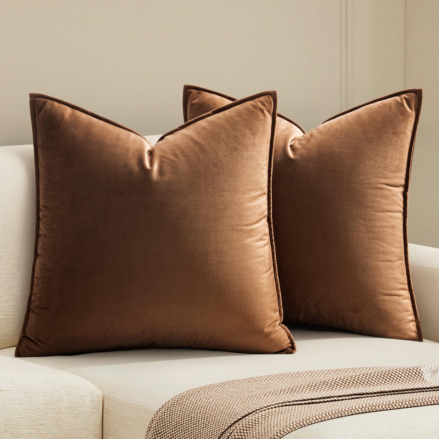 MIULEE Decorative Brown Velvet Throw Pillow Covers for Couch 18×18 Inch | 2 Pack, Soft Solid Square Pillow Covers, Modern Luxury Home Decor, For Sofa Bed Living Room