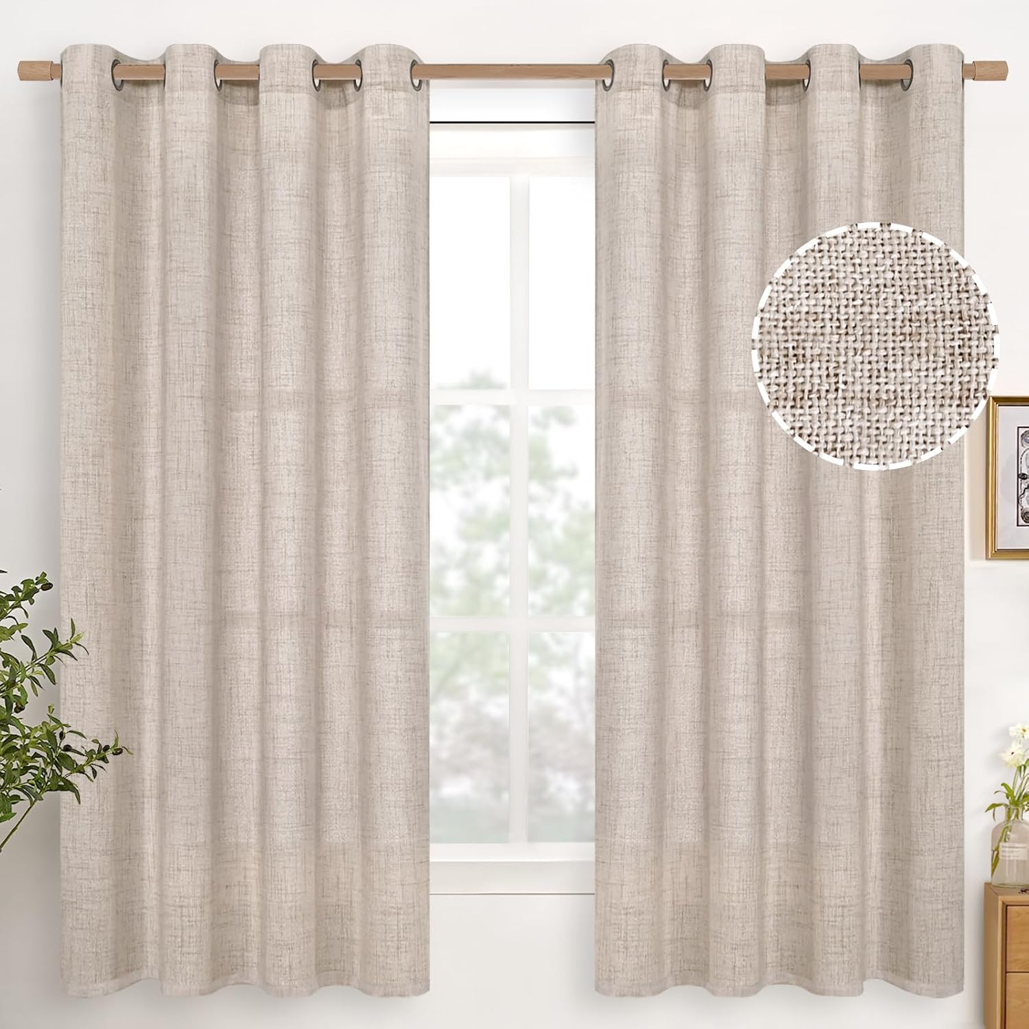 YoungsTex Linen Semi Sheer Curtains 63 Inch Length, Light Filtering Drapes | Bronze Grommet Beige Window Treatments for Office Bedroom Living Room, 2 Panels, 52 X 63 Inch