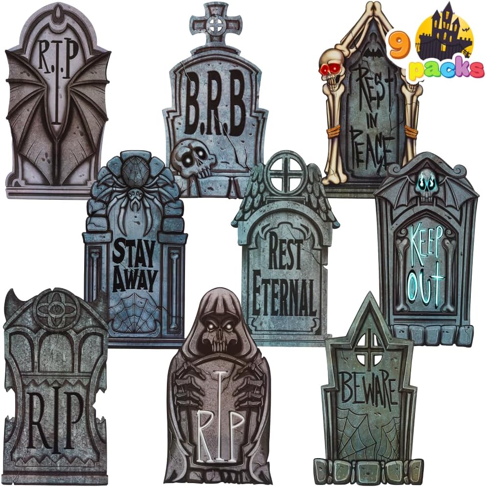 JOYIN 16″ 9 Pcs Halloween Tombstones Decorations Outdoor Graveyard Decor, Yard Lawn Cemetery Plastic Headstones with 18 Metal Stakes For Halloween Indoor Prop Decorations, Party Decor Supplies