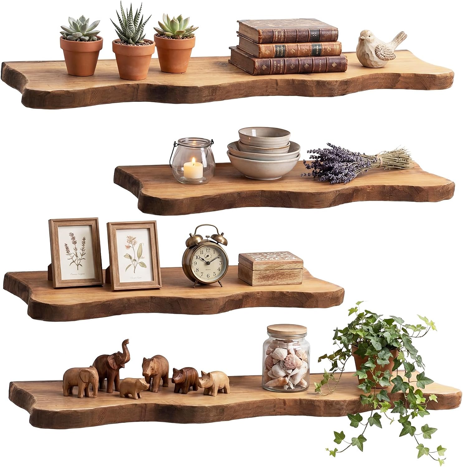 Pinkunn 4 Pcs Solid Live Edge Floating Shelves for Wall Rustic Wood Shelf Wall-Mounted Natural Shelves for Bathroom Bedroom Kitchen Storage Living Room Nursery Decor (23.62/35.43 Inch)