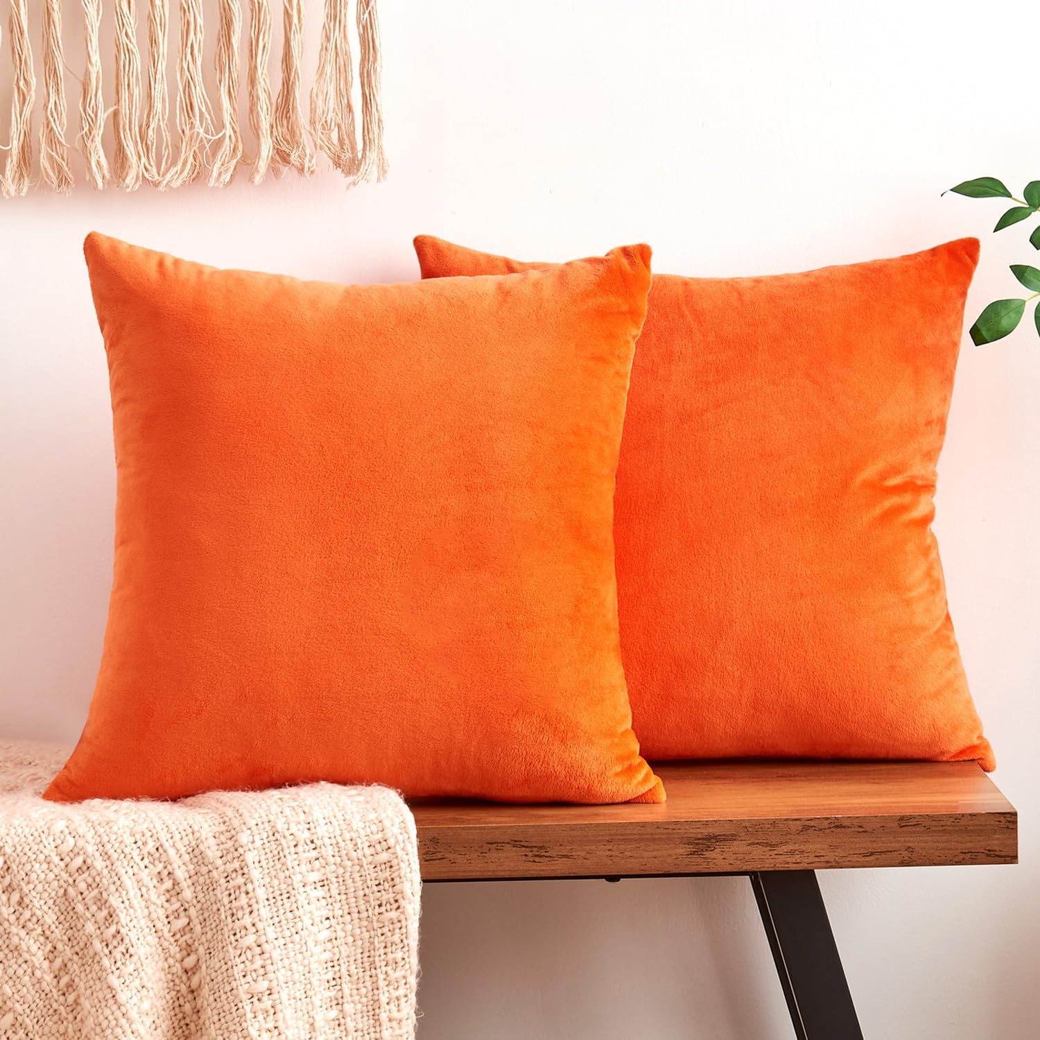 Fall Orange Throw Pillow Covers Decorative Velvet Set of 2 18×18 Inch Pillow Covers, Soft Burnt Orange Pillowcases for Couch Sofa Bed Living Room, Farmhouse Boho Decor, Accent Cushion Covers