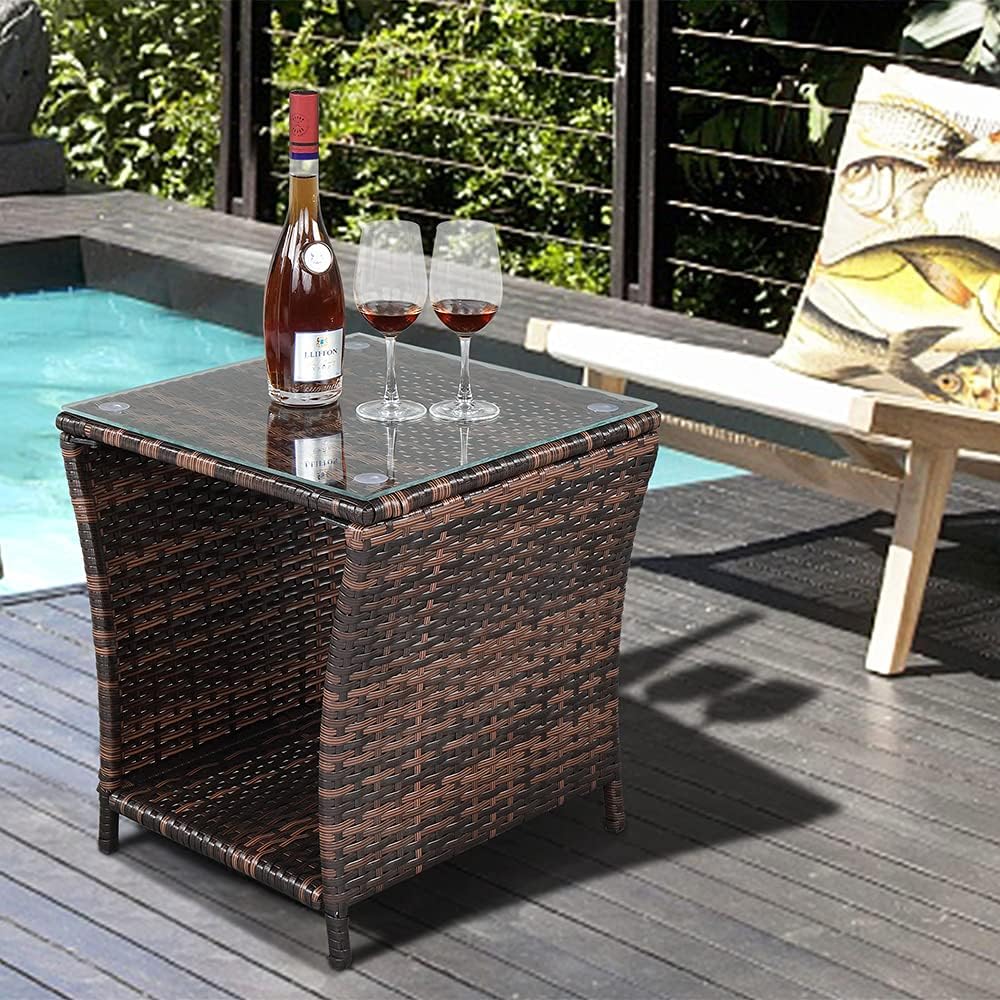 Wicker Rattan Side Table, Outdoor Square Rattan Coffee End Table with Tempered Glass Top and Storage for Patio Porch Lawn (Brown)