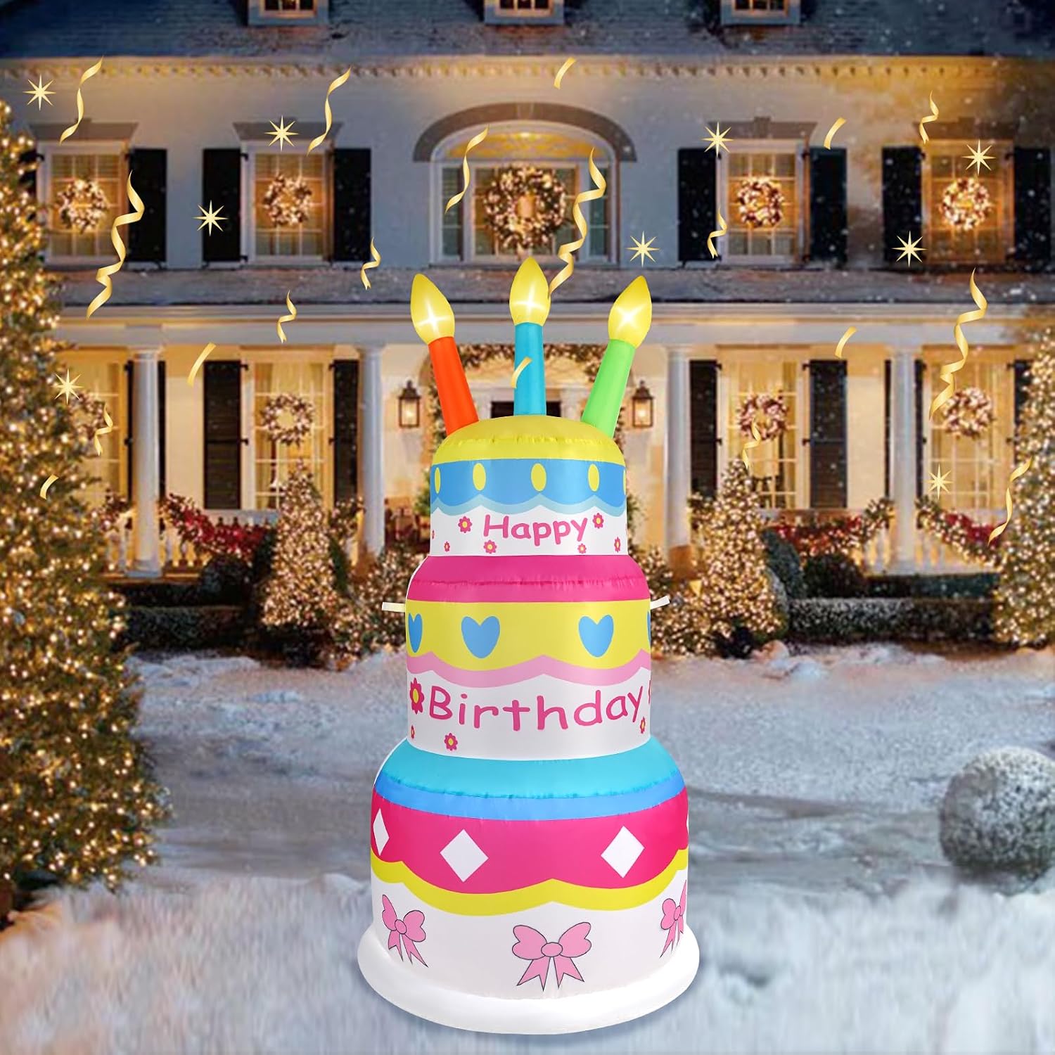 6 FT Inflatable Happy Birthday Cake Decorations, with Candles, Build-in LED Lights,Birthday Cake Blow up Outdoor Yard Decorations for Birthday Party Indoor Home Celebration Garden Lawn