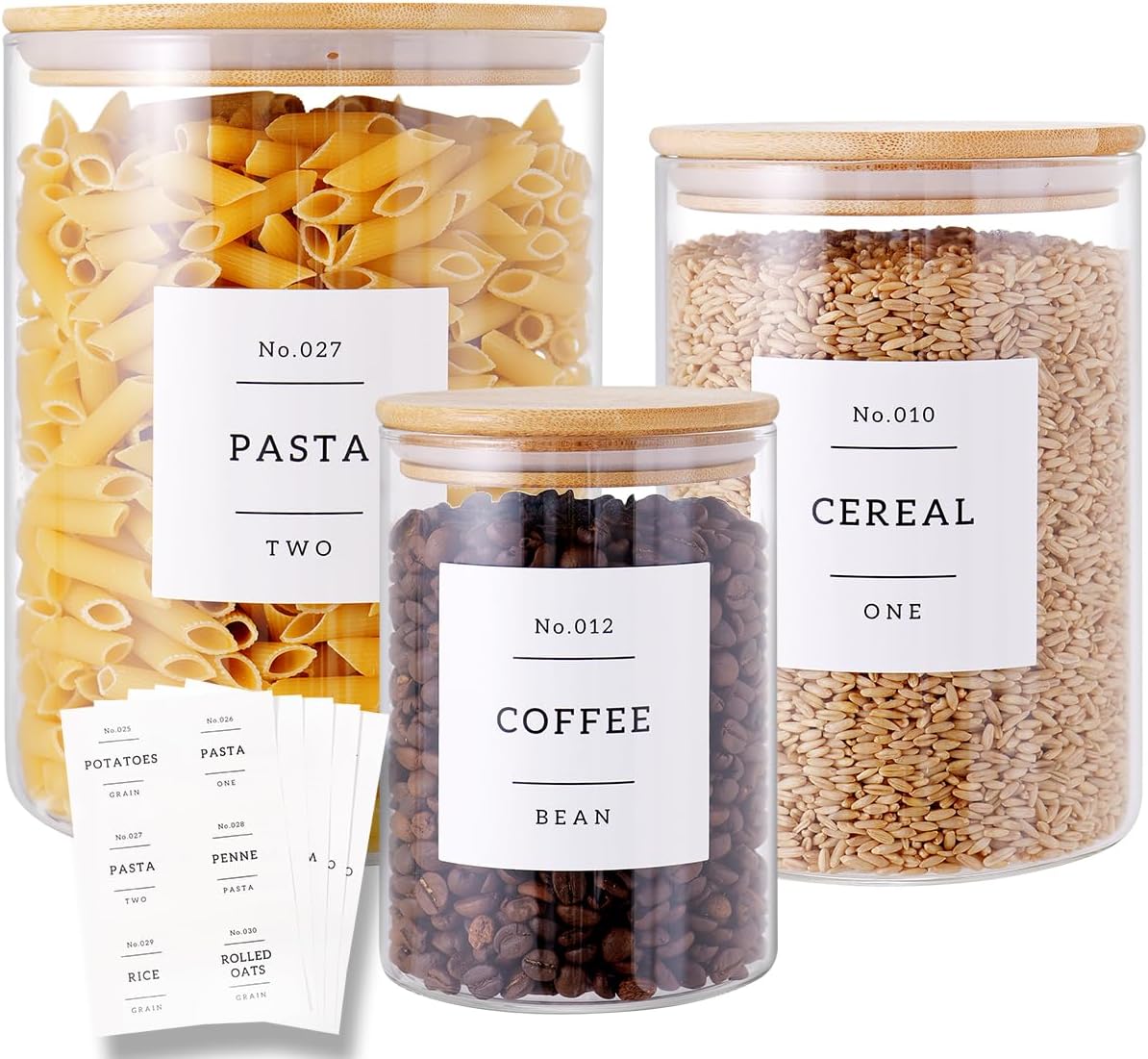 3 Pcs Glass Canisters with Airtight Bamboo Lids and 42 Kitchen Pantry Labels Preprinted – Clear Glass Flour and Sugar Storage Container Set – Large Glass Jars with Wood Lids(100 OZ/54 OZ/27 OZ)