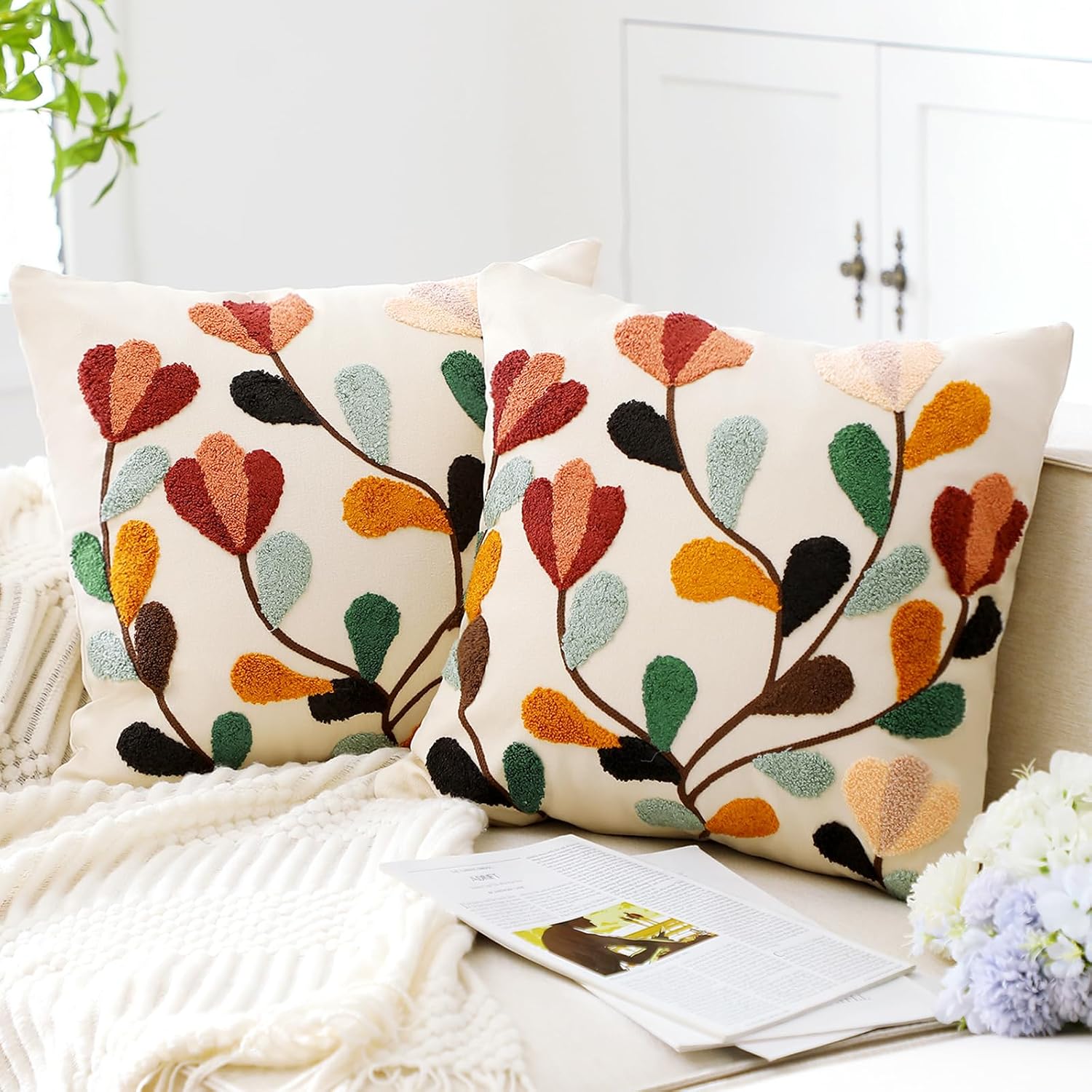 FuWeave 2 Pcs Boho Floral Throw Pillow Covers with Zipper 18 x 18 Inch Spring Fall Colorful Boho Embroidered Decorative Pillow Covers Aesthetic Decor for Couch Sofa Housewarming Gifts