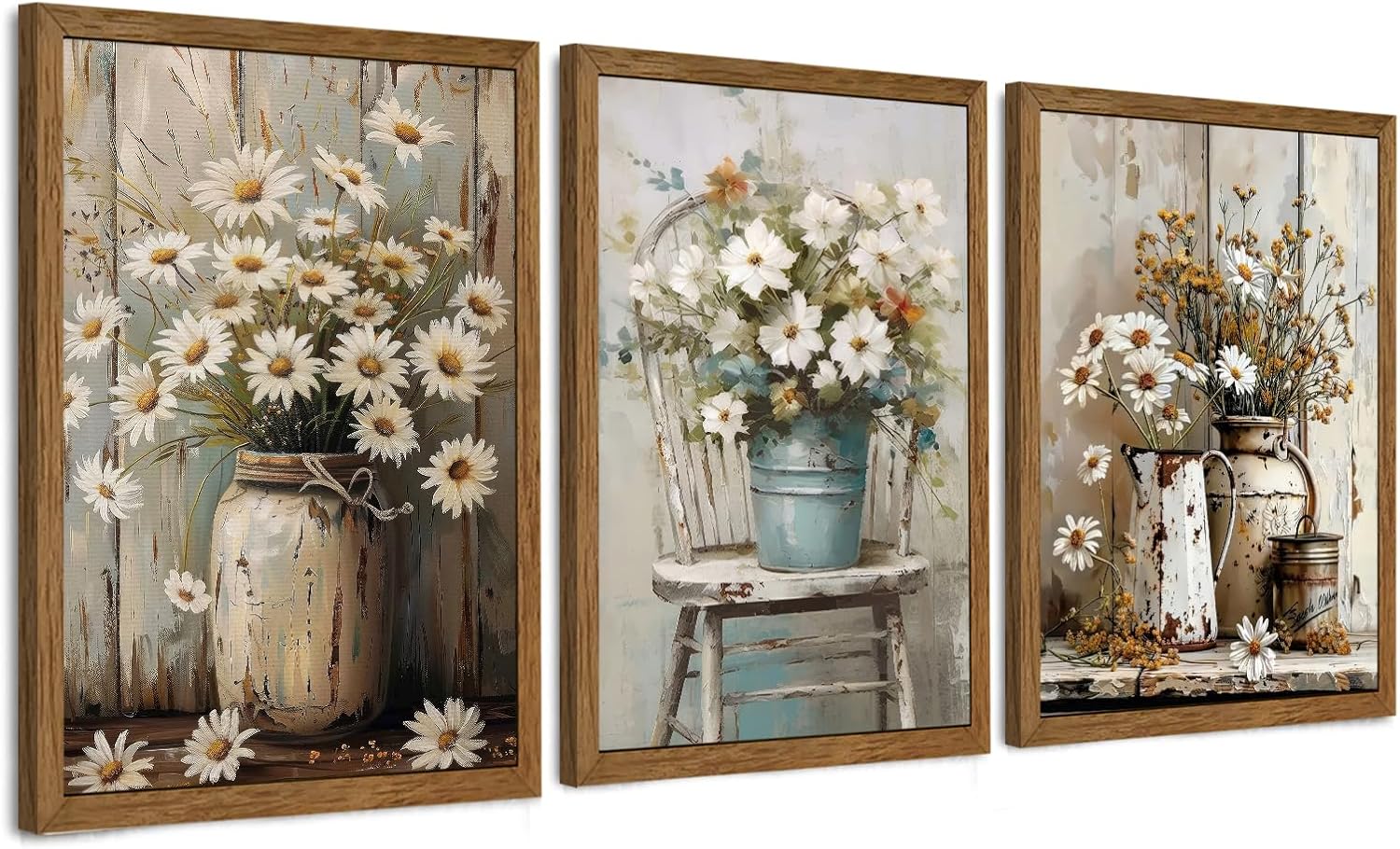 DUWQU Triptych Rustic Farmhouse Daisy Framed Canvas Wall Art 12×16 inch x3 | Wooden frame, UV-resistant ink, Giclée printing process, Pre-installed hooks make it easy to hang home or office wall decor