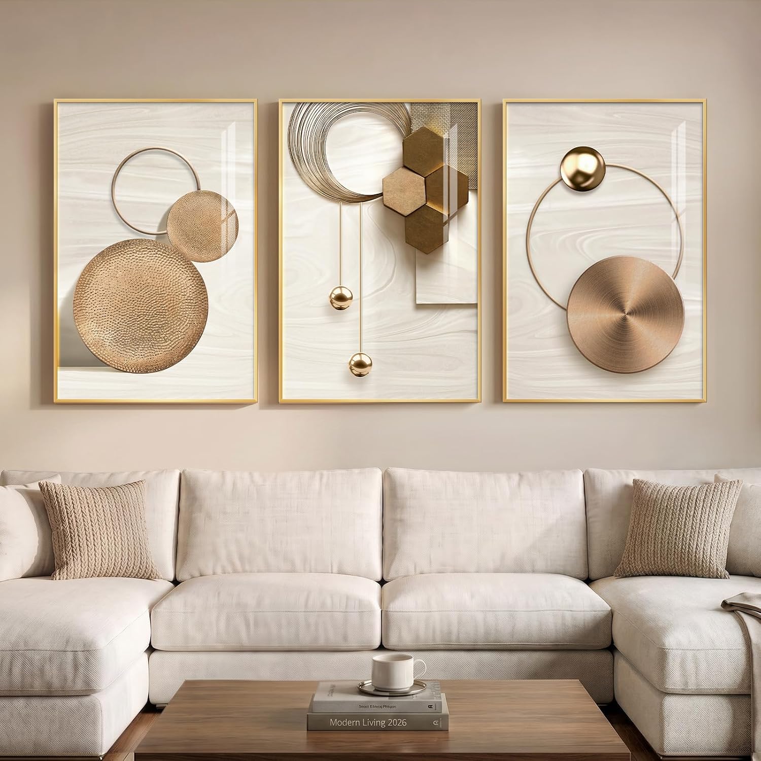 Large Framed Modern Luxury Gold Wall Art for Living Room, 3 Piece Bright Style Art Prints Paintings Artwork for Walls, Bronze Gold Geometric Pictures for Hallway Stair Office Wall Decor 24×36 In