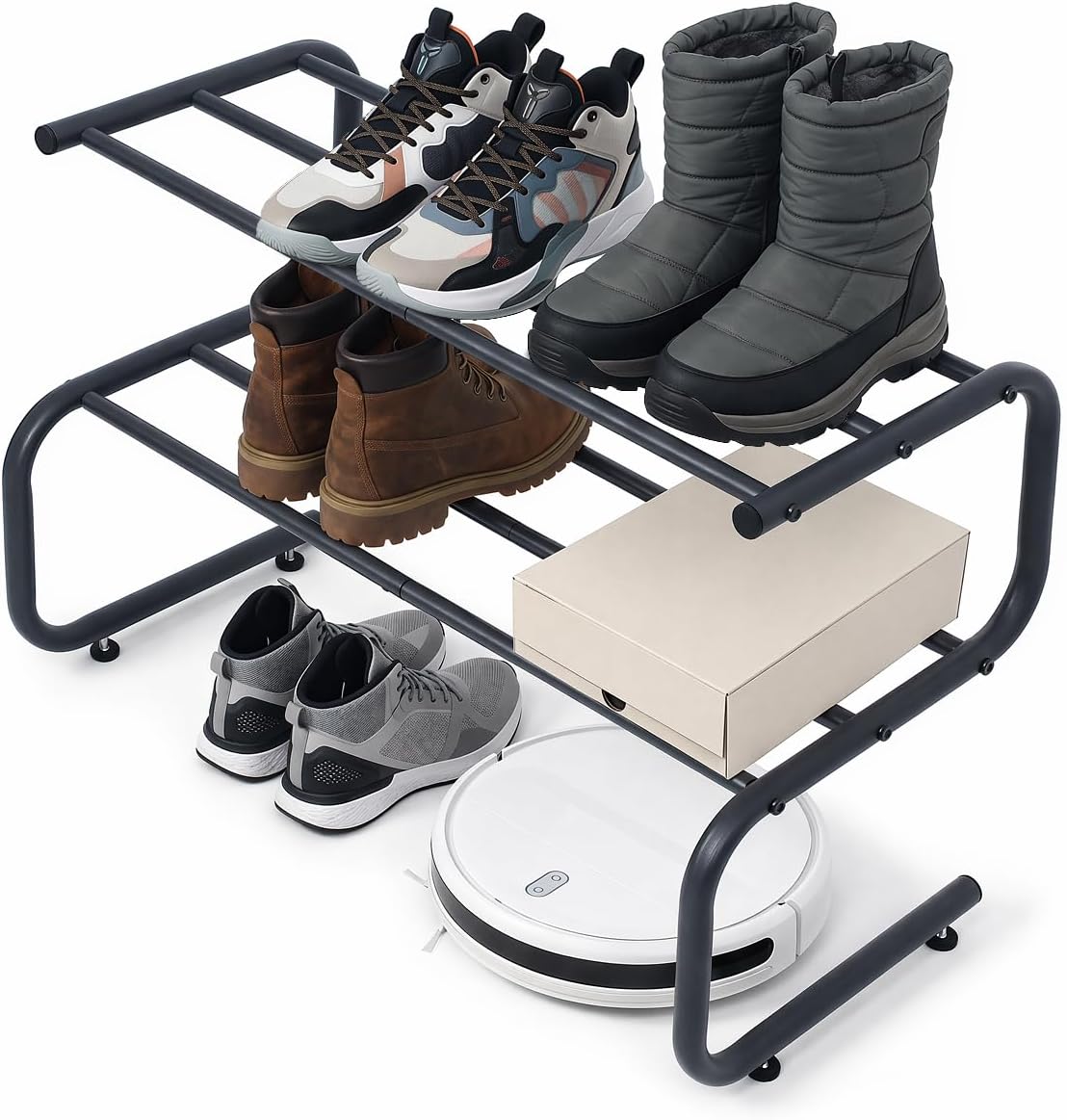 Black Metal Shoe Rack, 2 Tier 5-Shaped Shoe Storage Organizer, 24” Wide Compact Shoe Shelf for Entryway, Closet Floor, Hallway, Small Spaces, Free Standing Front Door Entrance Shoe Shelves
