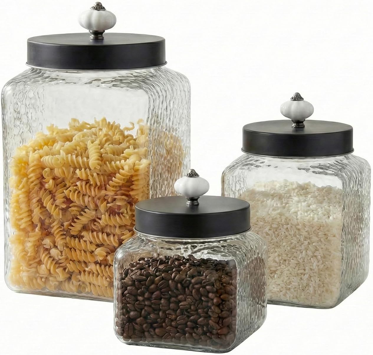 Style Setter Square Glass Canister Set 3-Piece, 43/64/75oz, Hammered | Hammered Retro Design With Airtight Stainless Steel Lids, Engraved Glass Jars Keep Cookies Coffee Flour Sugar & Rice Fresh