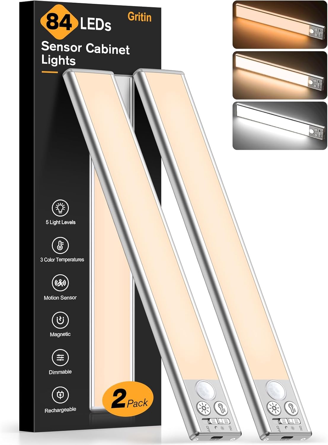 Gritin 10.2inch Under Cabinet Lighting Rechargeable 2 Pack | 3 Color Temps & 5 Brightness,Super Bright,4 Modes,Motion Sensor,Long Lasting – Easy Installation Magnetic Under Closet Lights