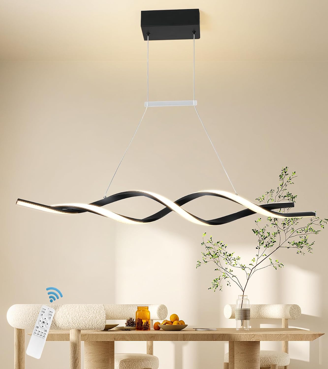 Jaycomey Modern Chandelier for Dining Room Dimmable LED Pendant Light with Remote Control, Acrylic Wave Chandeliers Adjustable Hanging Chandeliers for Bedroom Kitchen Living Room,3000K-6000K,28W,Black