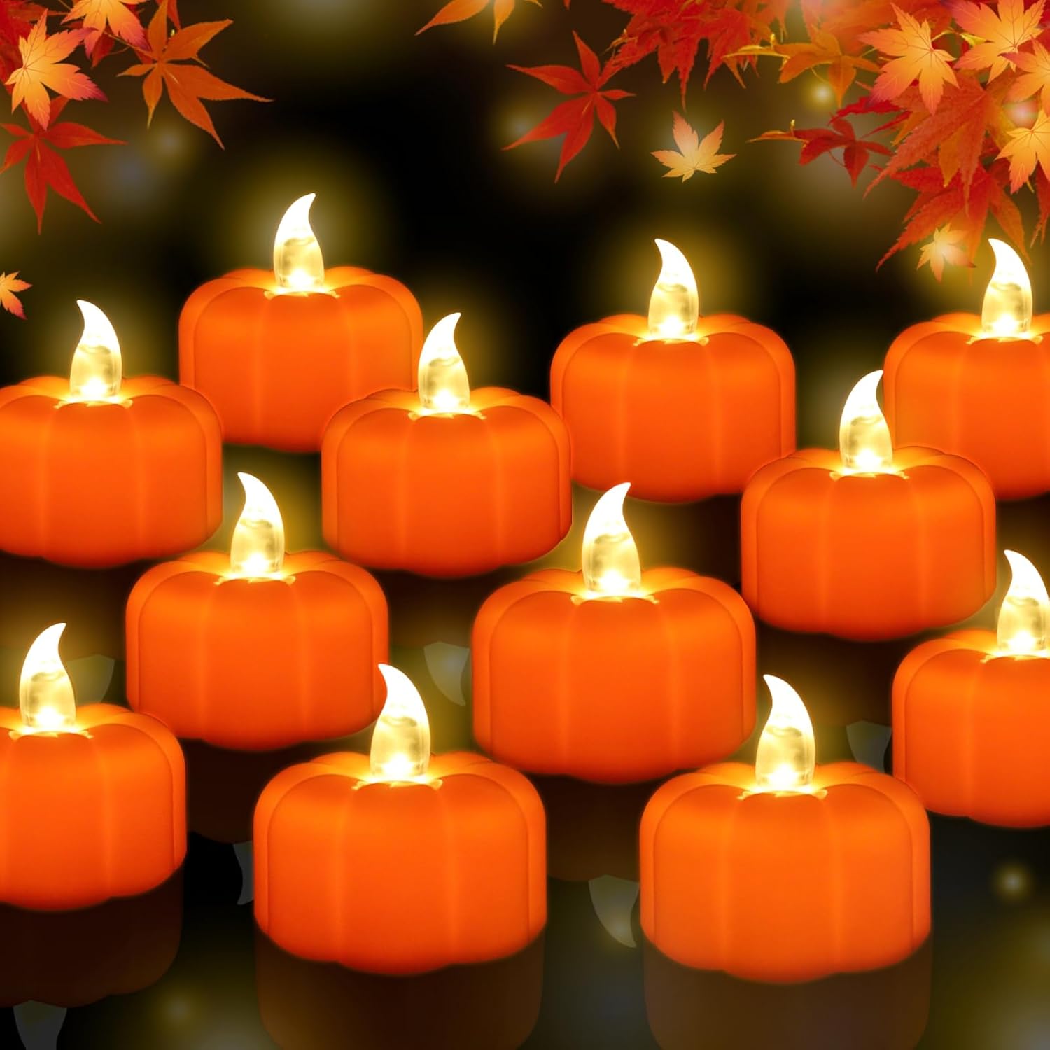 CESOF 12 Pack Fall Decorations for Home Pumpkin Tea Lights Halloween Decor | LED Orange Pumpkin Lights Flameless Candles Battery Operated, Thanksgiving Flickering Tealight for Table Indoor Party Decor