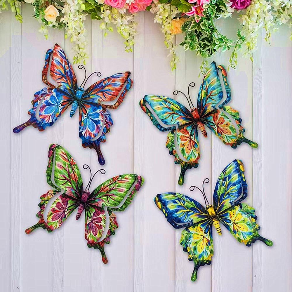 4Pcs Butterfly Metal Wall Decor,6.7″x6.5″ Outdoor Hanging Wall Art Sculptures Decoration for Living Room Fence Garden Yard Patio Balcony Office