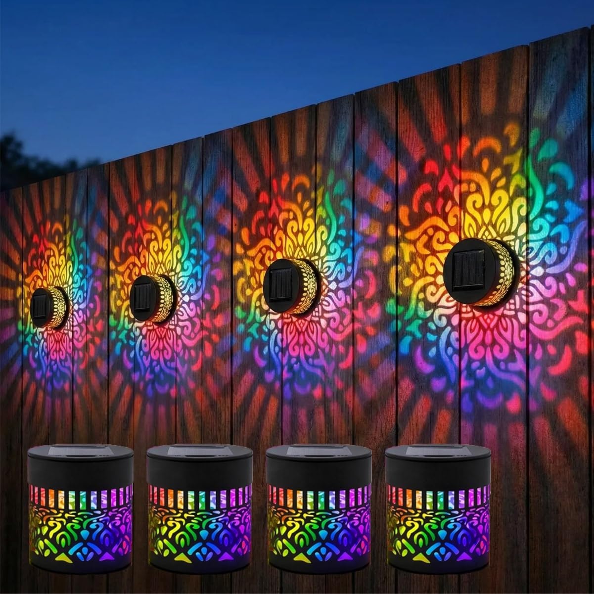 Lscsdf Seven-Color Changing Solar Mandala Projection Wall Light Decorative Solar Mandala Lights Outdoor Waterproof Metal Fence Lights for Yard Garden Post Patio Backyard Decor (4pcs)