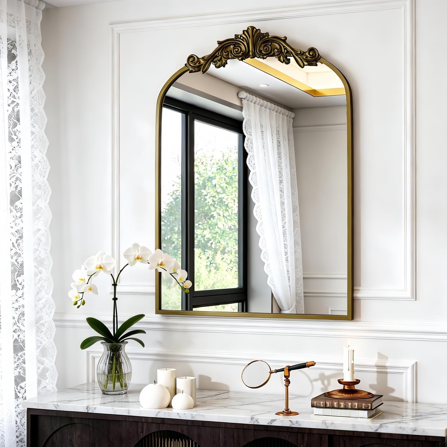 Dewfig Antique Arched Wall Mirror, 22″x30″ Vintage Bronze Bathroom Mirror – Baroque Metal Frame Brass Mirror for Living Room, Bathroom, Fireplace, Entryway, Bronze