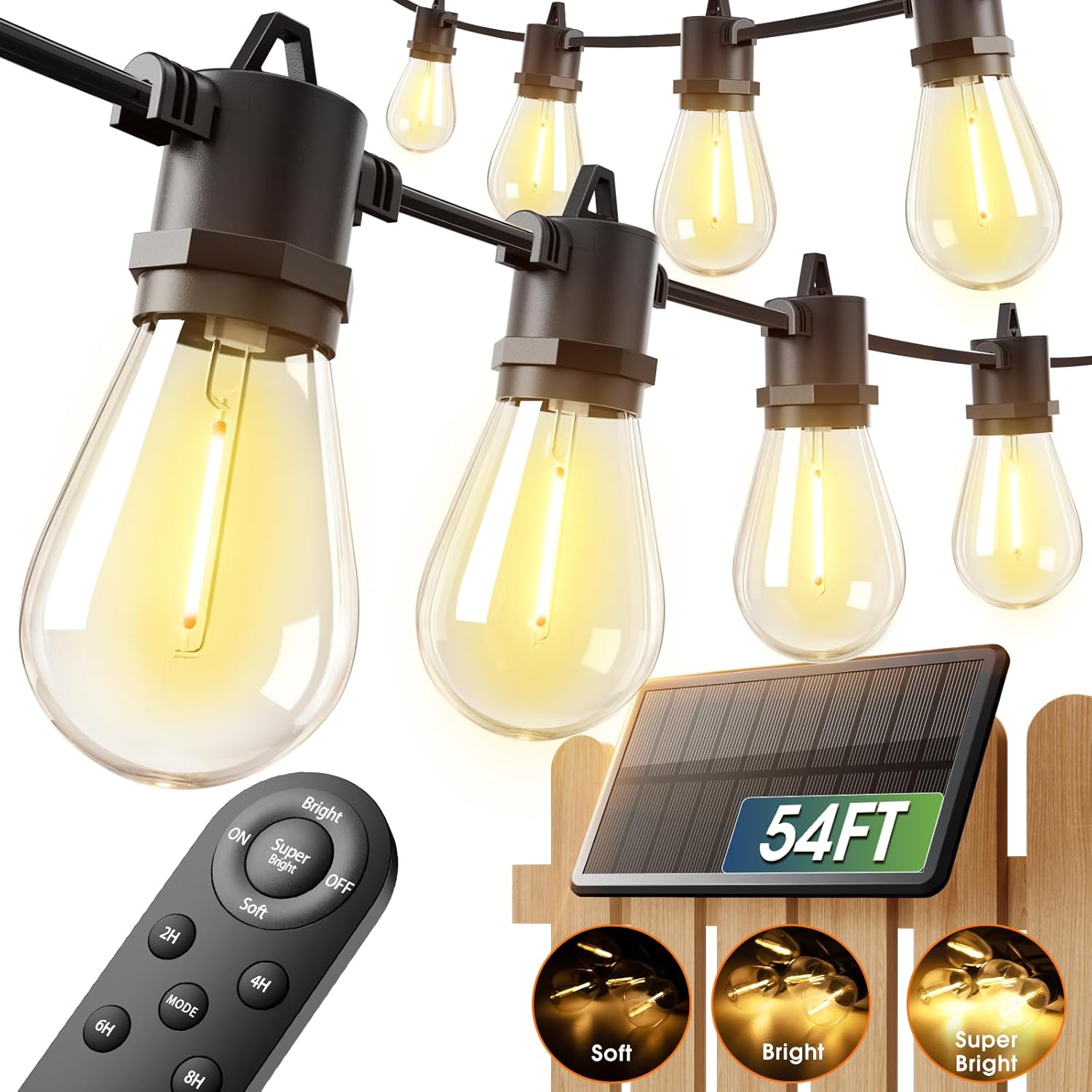 addlon 54FT(48+6) Solar String Lights Outdoor, Last 20+ Hrs, USB Charging | IP65 Waterproof. Dimmable Timer via Remote. Memory, 3 Modes, 2700K Warm White. Easy Install for Patio, Backyard, Porch.