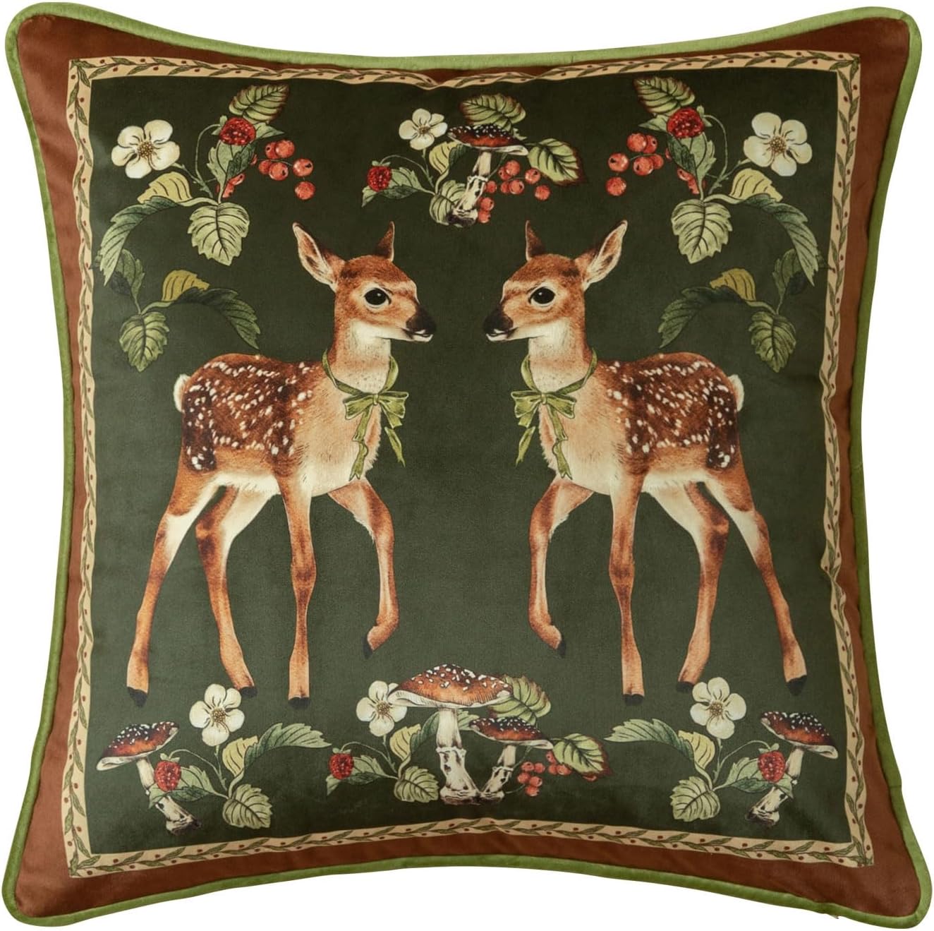 Vintage Christmas Pillow Cover 18×18, Holly Deer | Designer High End Deer Pillow Cover, Green Velvet Throw Pillow Decorative for Couch Sofa Bedroom Home Holiday