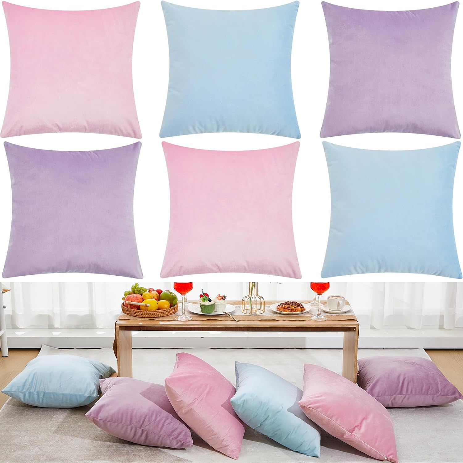Berlune 6 Pcs Pastel Velvet Throw Pillow Covers 18″ x 18″ Decorative Cushion Cases Soft Throw Pillows Coquette Party Accessories Couch Sofa Bed Picnic Chair Home Decor, No Inserts