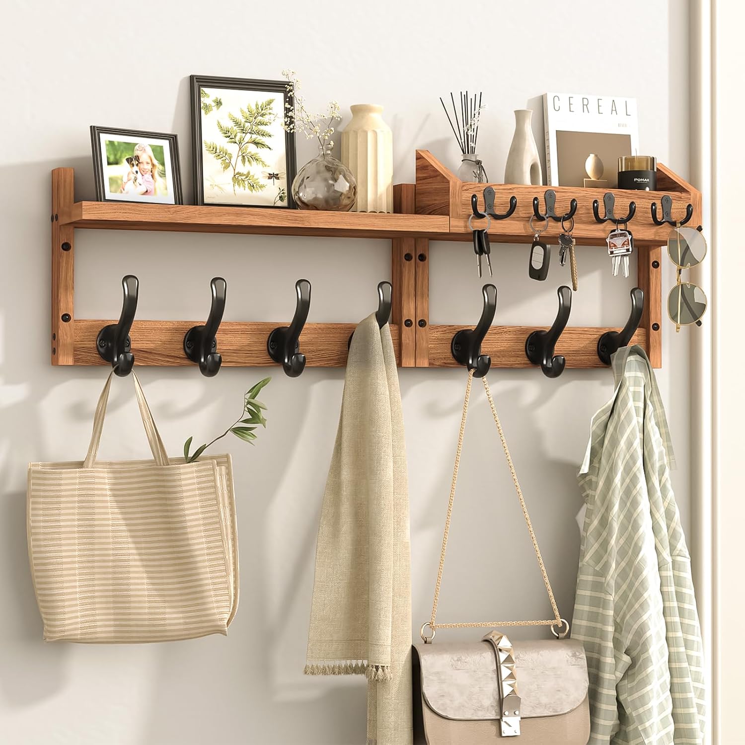 Evermagin 29″ Coat Rack Wall Mount with Shelf & 11 Hooks, Entryway, Brown | 4-in-1: coat hooks, key hanger, mail holder & display shelf. Pine wood. For bedroom, hallway, mudroom, livingroom.