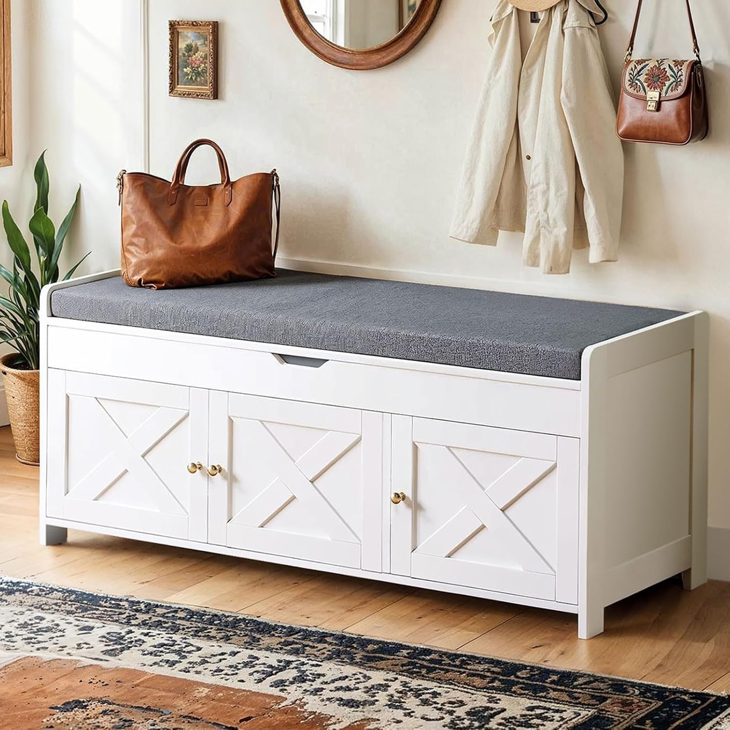 Amada 39.4″ Shoe Storage Bench, Entryway Bench with Cushioned Seat, White | Lift-top storage, adjustable shelf, 3 barn doors, 300 lbs weight capacity, safety hinge, rounded corners, holds 10 pairs