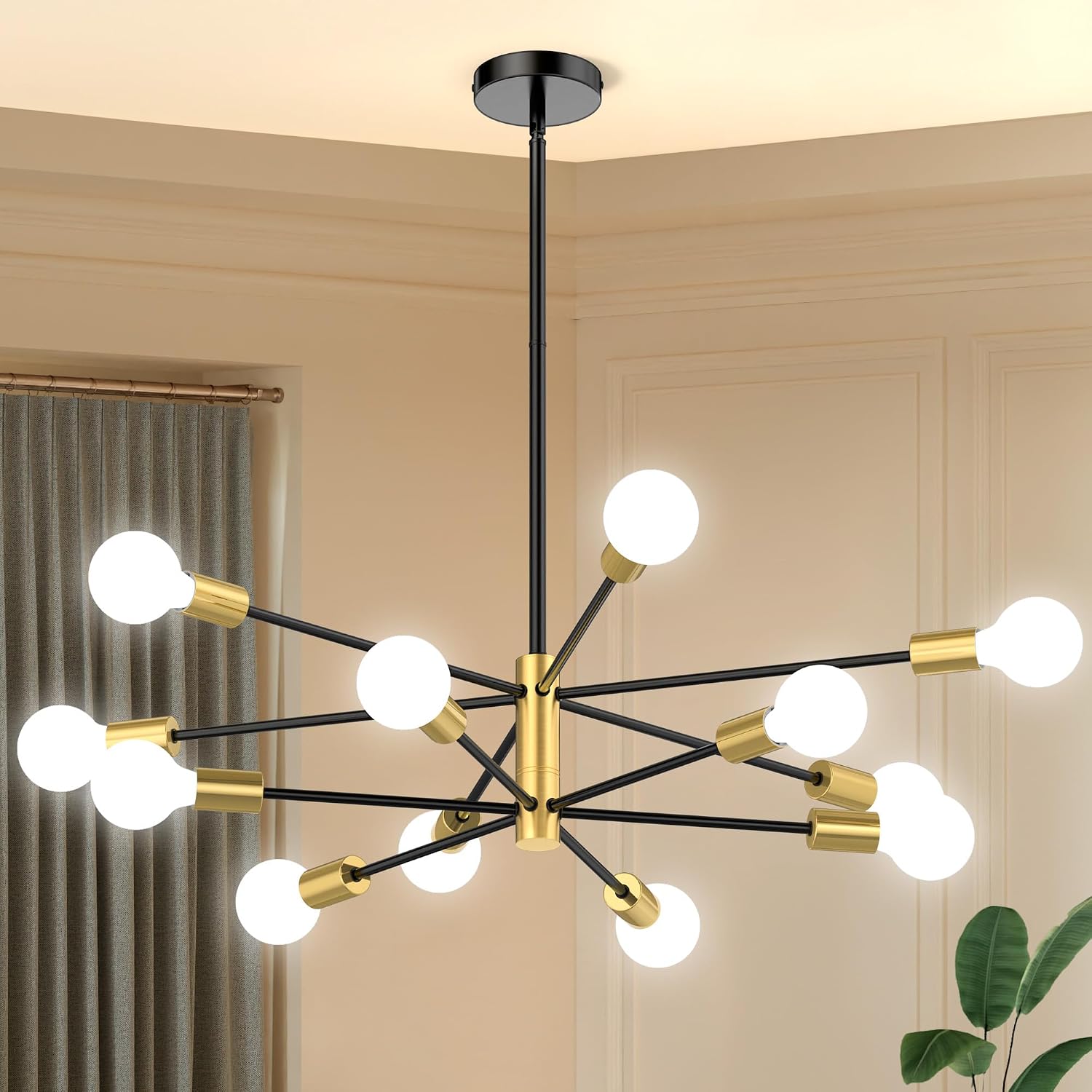 Sputnik Chandelier 12-Light, Mid Century Modern Height Adjustable Ceiling Light Fixture for Dining Room, Kitchen Island, Living Room,Bedroom-Black and Gold