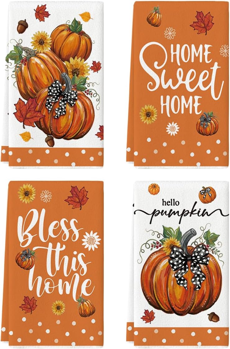 Artoid Mode Hello Pumpkin Fall Kitchen Towels Set of 4 18×26 Inch | Thanksgiving Autumn Bowknot Bless Sweet Home Hand & Dish Towels,Ultra Absorbent,Seasonal Farmhouse Decoration